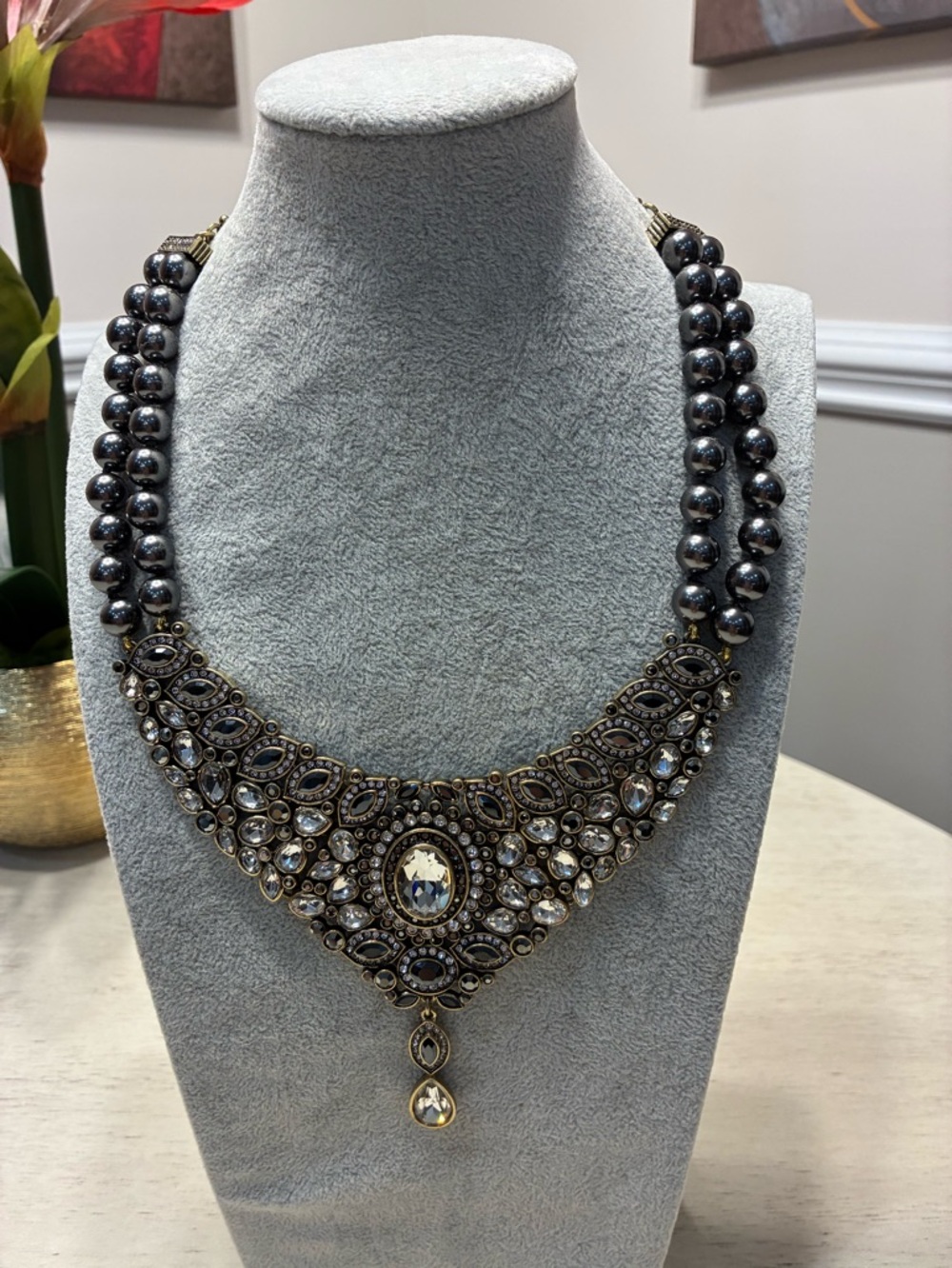 Statement Hematite Bead and Crystal Bib Necklace by Heidi Daus.